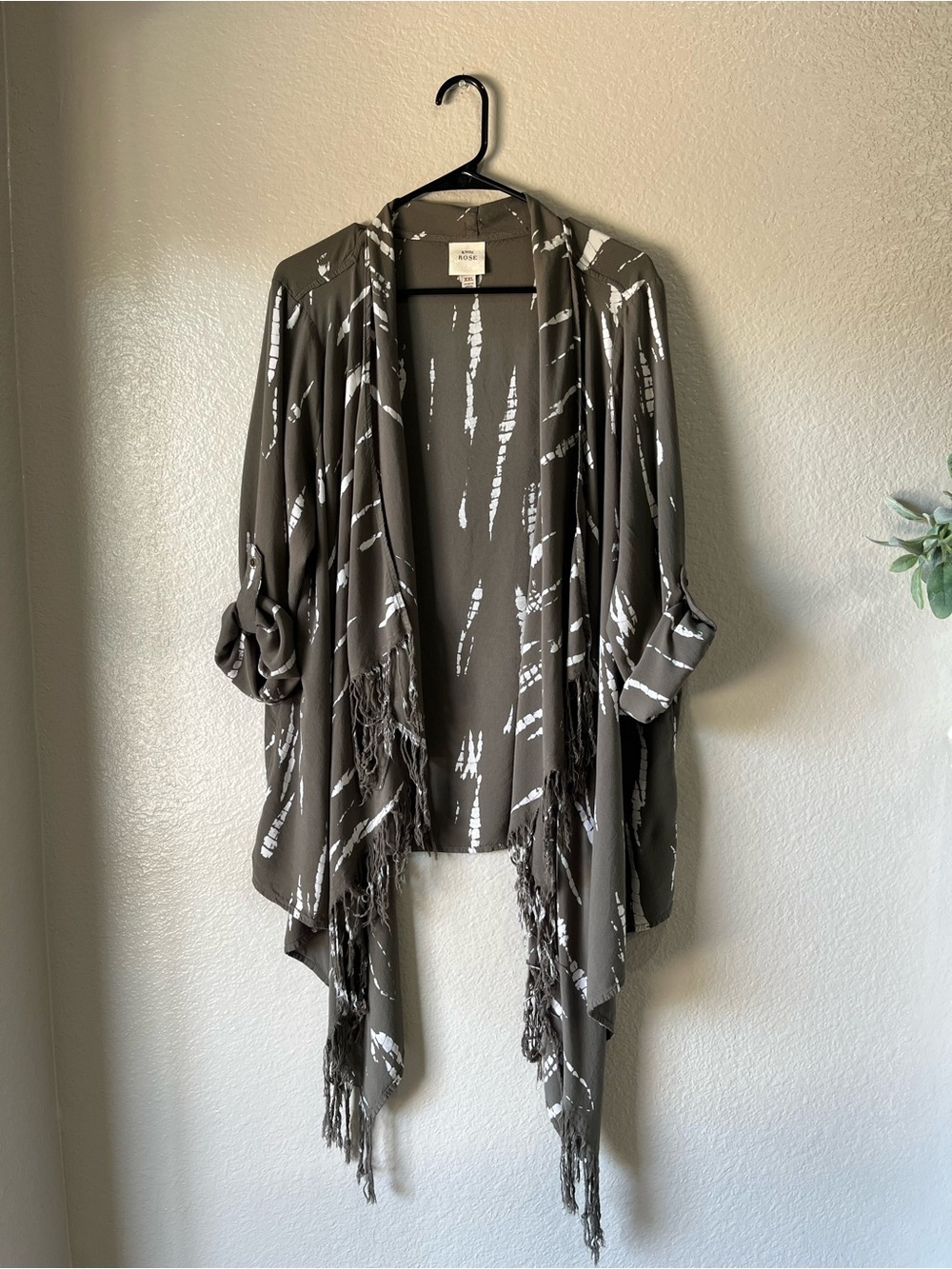 Knox Rose Olive White Fringe Open Cardigan Sz XXL Boho Flowy Fringe Chic